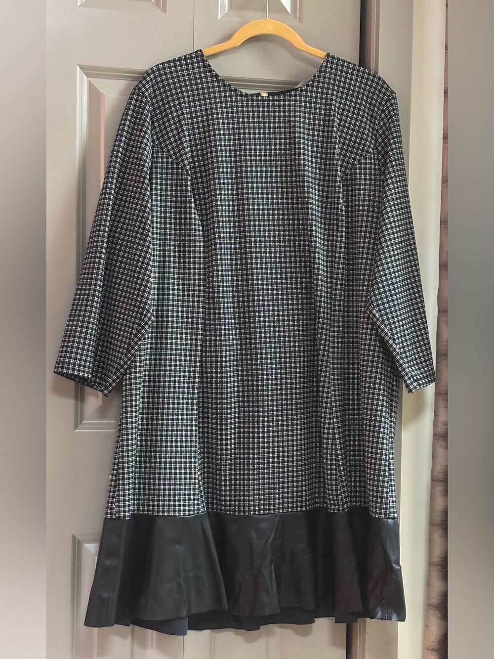 Michael Kors Collection Black & White Checked Midi Dress with Faux Leather Hem